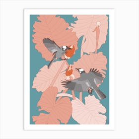 Grey Birds With Pink Leaves Art Print