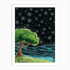 Tree In The Night Sky Art Print