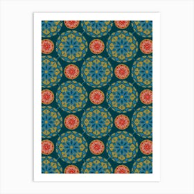 MOSAIQUE Bohemian Floral Mandala Tiles in Exotic Blue Green Red on Dark Teal Art Print