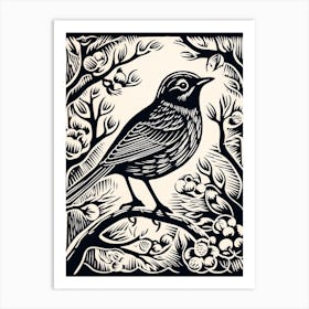 B&W Bird Linocut Robin 1 Art Print