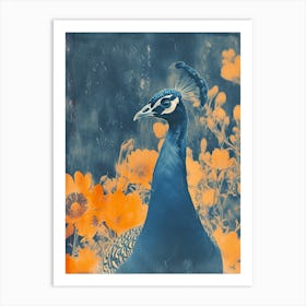 Floral Orange & Blue Peacock 2 Art Print