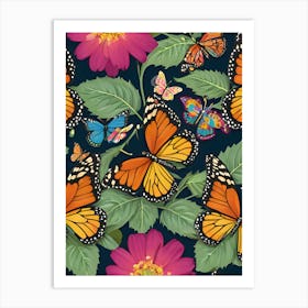 Seamless Pattern With Monarch Butterflies Art Print