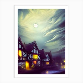 Village Moon Cloudy Historical Tudor Architecture Houses Town Night Windows City Art Print