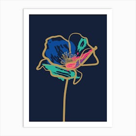 Poppies Minimal Line Art Dark Blue, Pink, Turquoise Art Print