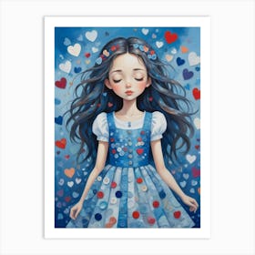 Blue Girl With Hearts Art Print