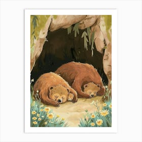 Sloth Bear Family Sleeping In A Cave Storybook Illustration 4 Art Print