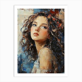 Young and Dreamy Girl With Curly Brown Hair On A Mysterious Abstract Art Print