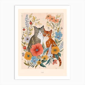 Folksy Floral Animal Drawing Cat 2 Poster Art Print