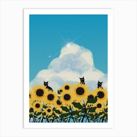 Minimal art of a cat in a sunflower field Art Print