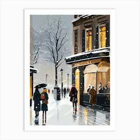 Paris cafes, winter season, Christmas, autumn oil colors, pale colors, pedestrians in the street, winter clothes, falling snow.1 Art Print