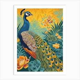 Blue Mustard Peacock With Tropical Flowers Linocut Inspired 1 Art Print