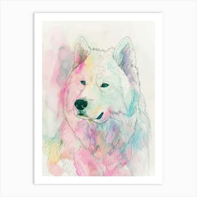 Samoyed Dog Pastel Line Watercolour Illustration  1 Art Print