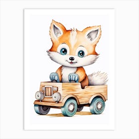 Baby Polar Fox On A Toy Car, Watercolour Nursery 1 Art Print