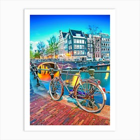 Bridge With Bicycle And Water Channel In Amsterdam At Night Art Print