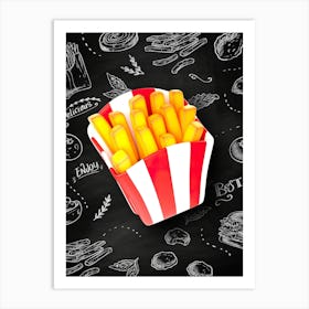 French fries, plastic 3D — Food kitchen poster/blackboard, photo art Art Print