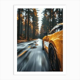 Yellow Sports Car Driving In The Forest Art Print