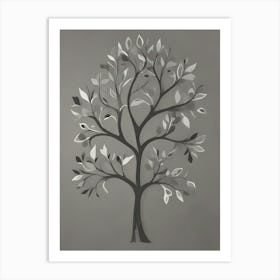 Black And White Stylized Tree Silhouette On A Grey Wall Art Print