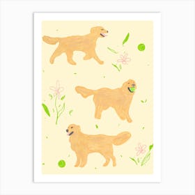 Happy Golden Retrievers with tennis balls Art Print