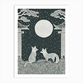 A Mystical Scene Of Fox Spirits In A Moonlit Shrine Art Print