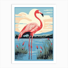 Vintage Bird Linocut Greater Flamingo 3 Art Print