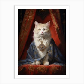 White Royal Cat On Red Throne Art Print