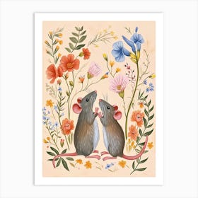 Folksy Floral Animal Drawing Mouse 3 Art Print