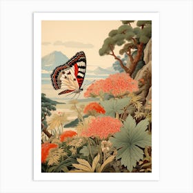 Butterfly With Beautiful Pink Flowers Japanese Style Painting 2 Art Print