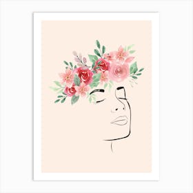 Portrait Of A Woman With Flowers On Her Head Art Print
