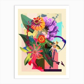 Zinnia 4 Neon Flower Collage Art Print