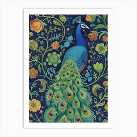 Turquoise Tones Peacock Floral Wallpaper Art Print