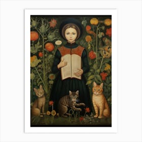 Medieval Style Portrait Of Person With Cats In Garden Art Print