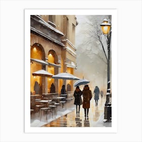 Paris cafes, winter season, Christmas, autumn oil colors, pale colors, pedestrians in the street, winter clothes, falling snow.1 1 Art Print