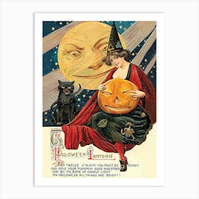 The Halloween Lantern, Witch With Pumpkin And A Poem On A Full Moon Art Print