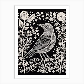 B&W Bird Linocut Cuckoo 1 Art Print