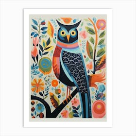 Colourful Scandi Bird Great Horned Owl 1 Art Print