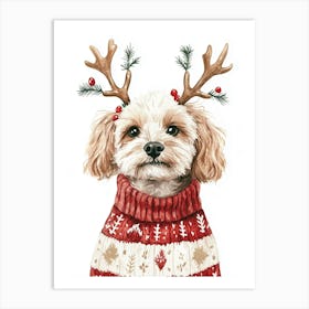 Cavapoo In Christmas Jumper And Antlers Neutral Art Print