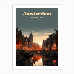 Amsterdam Netherlands Sunset Canal Ride Travel Illustration Art Print