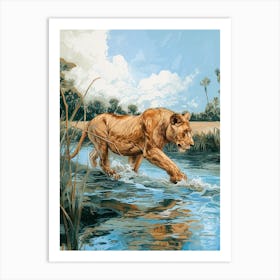 African Lion Relief Illustration Crossing A River 2 Art Print