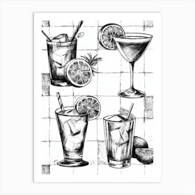 Black & White Sketch Of Cocktails Tile Art Print