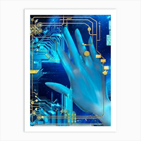 Cyber Abstract Digital Painting Of A Human Hand And A Robotic Hand Almost Touching Against A Backdro (1) Art Print