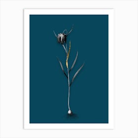 Vintage Chess Flower Black and White Gold Leaf Floral Art on Teal Blue n.0098 Art Print