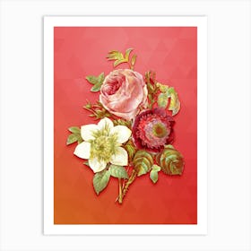 Vintage Anemone Rose Botanical Art on Fiery Red n.0491 Art Print