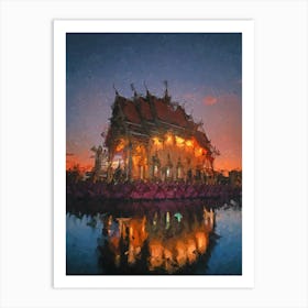 Thailand Temple At Sunset Oil Painting Art Print