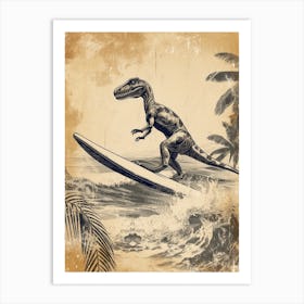 Vintage Microraptor Dinosaur On A Surf Board 1 Art Print