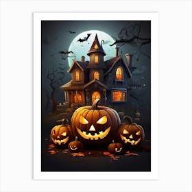 Halloween House With Pumpkins Art Print