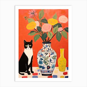 Rose Flower Vase And A Cat, A Painting In The Style Of Matisse 0 Art Print