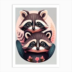 Cute Raccoons With Flowers Art Print