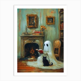 Ghost Reading by Fireplace 1 Art Print