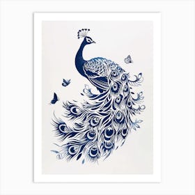Cream & Navy Blue Peacock With Butterflies Linocut Inspired  2 Art Print