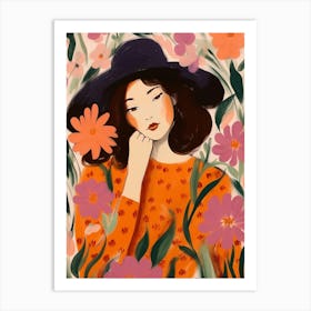 Woman With Autumnal Flowers Larkspur 1 Art Print